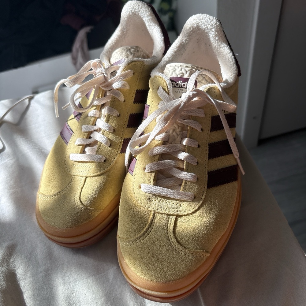 Adidas Women’s Yellow Suede Sneakers with Burgundy Stripes